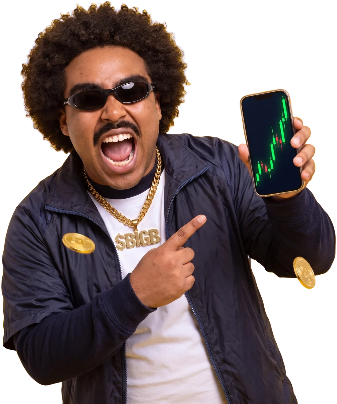 Big Bobby shouting with joy, pointing at a phone showing a green chart