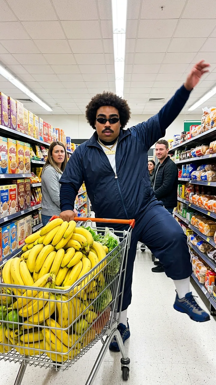 Big Bobby dancing in a supermarket aisle with a cart full of bananas